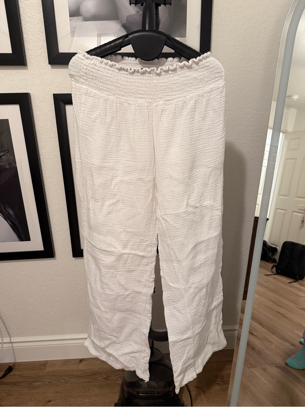 Women's White Elastic-Waist Gauze Pants